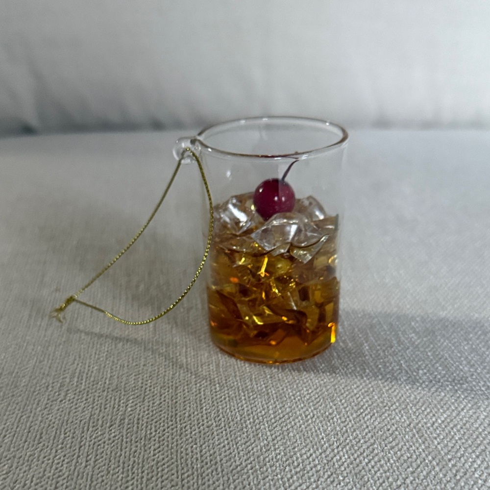 Williams Sonoma Whiskey Glass Manhattan Ornament with Gold and Cherry Accents